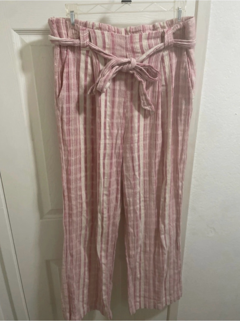 Striped Pink Paperbag-Waist Wide Leg Pants